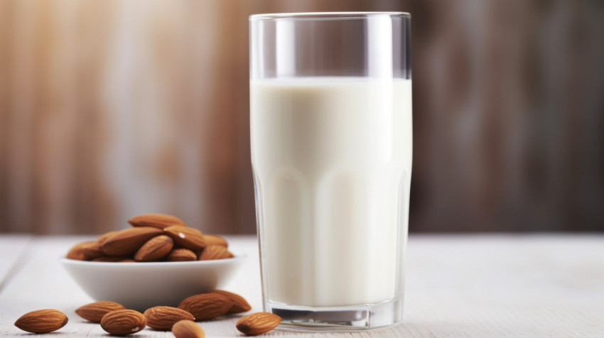 a glass of almond milk is seen from a distance