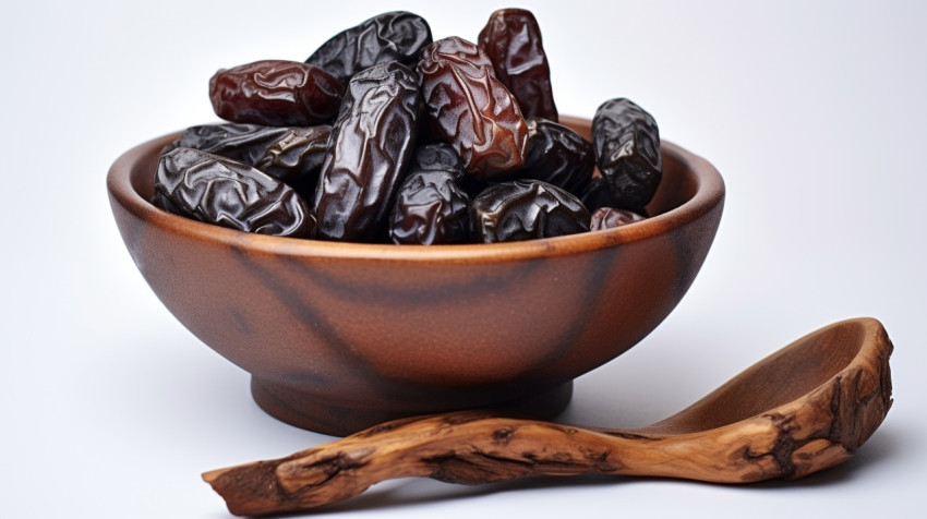 a bowl filled with some sweet dates are sitting on a white backg