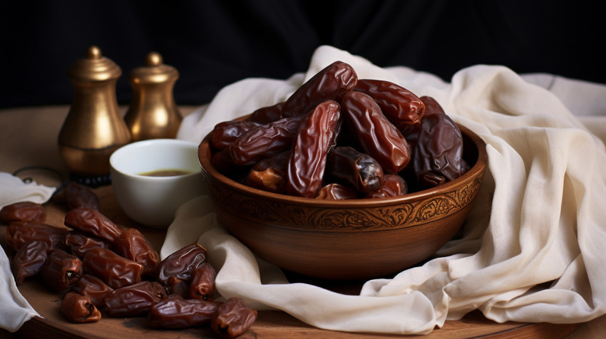 dates in a brown bowl on a white surface