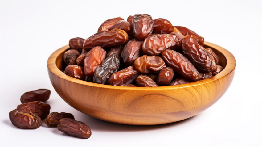 dates dry in bowl on white background stockphoto