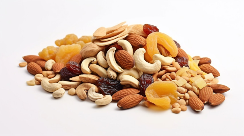 a dried dry fruits with nuts is on white background