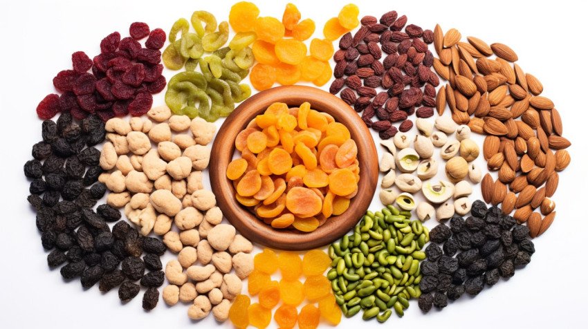 a fisheye shot of a variety of mixed dried fruits