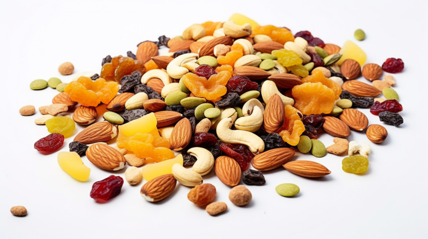 a wide-angle shot of a variety of mixed dried fruits