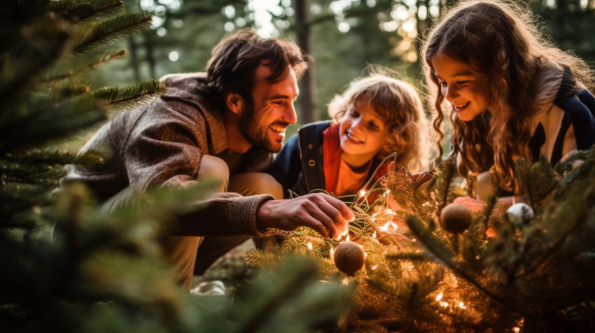 a family decorating a christmas tree in the forest