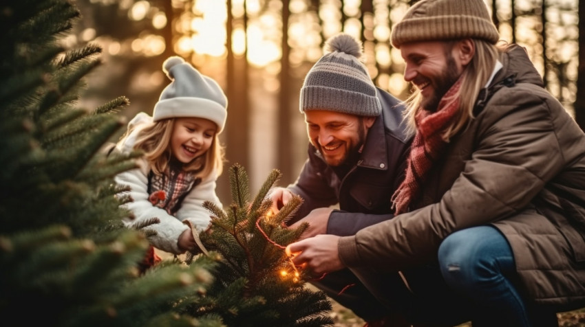 Family Enjoys Christmas Tree Decorating in the Forest