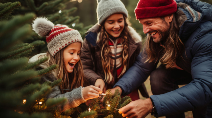 Children Help Decorate Christmas Tree in Snowy Forest