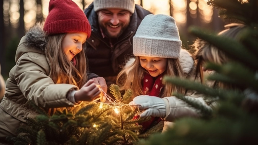 Grandparents and Grandchildren Decorate Christmas Tree in Forest