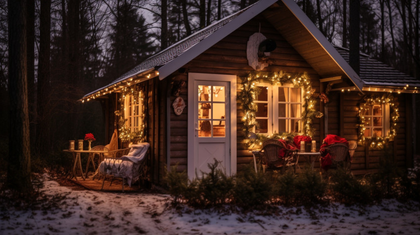 a small cottage in the forest all lit up for christmas