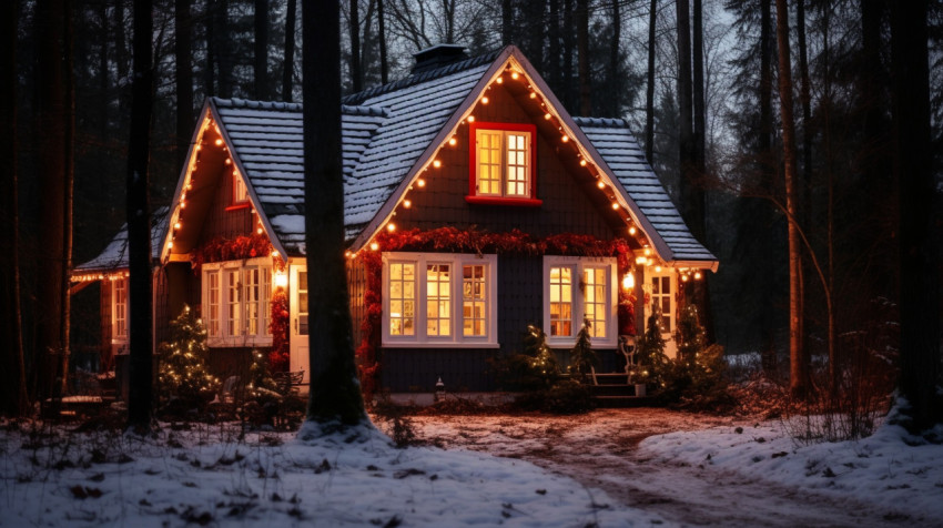 Cottage in the Woods Glowing with Christmas Lights