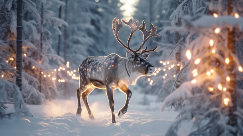 photo of a reindeer running through the forest
