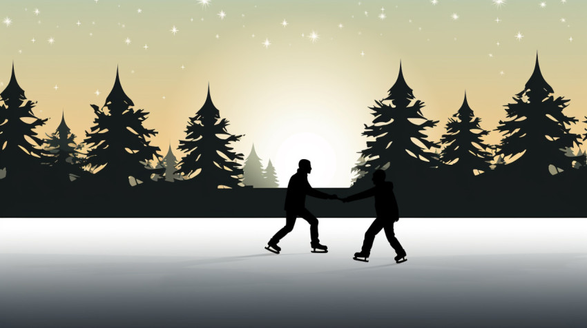 Pair of ice skaters glide across frozen lake in winter wonderlan Pair of ice skaters glide across frozen lake in winter wonderlan