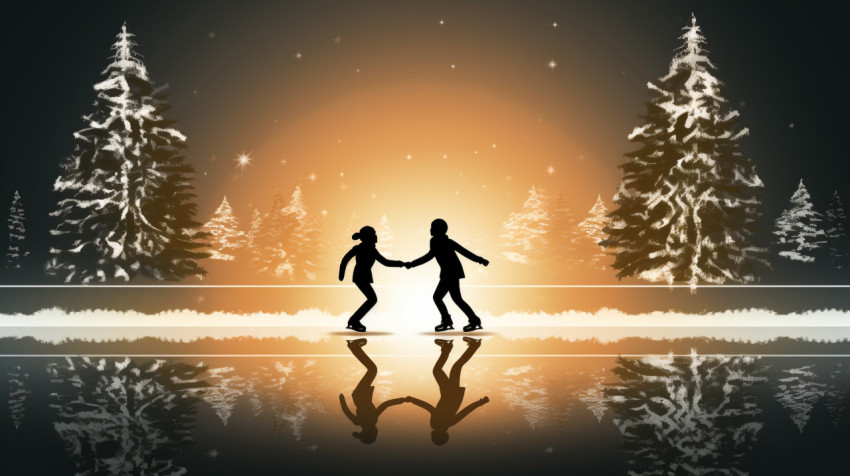 Ice skaters glide across serene frozen lake Ice skaters glide across serene frozen lake