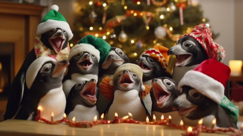 group of penguins gathered around a christmas group of penguins gathered around a christmas