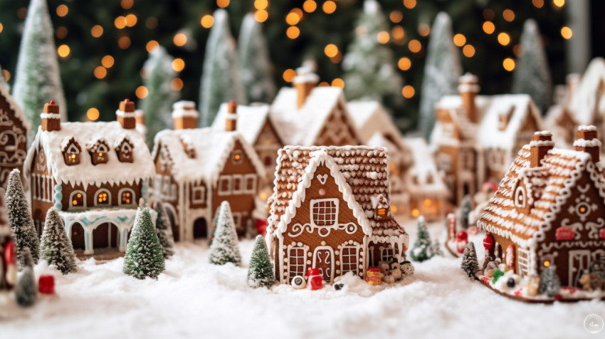 a photo of a gingerbread village nestled a photo of a gingerbread village nestled
