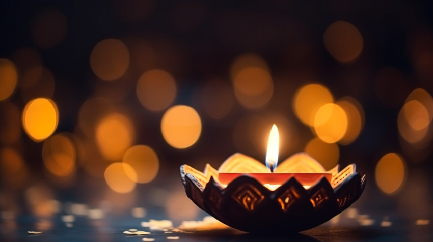 a close-up of a diya the flame flickering in the darkness