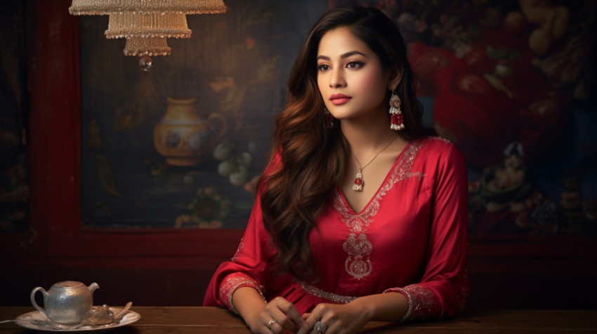 Fashionable Young Woman in Traditional Red Blouse