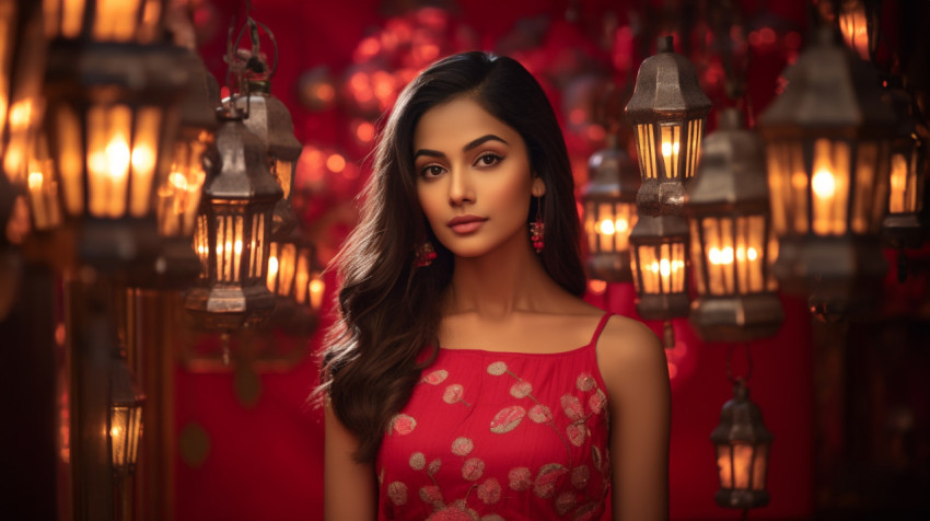 Mysterious Young Woman in Red Traditional Dress