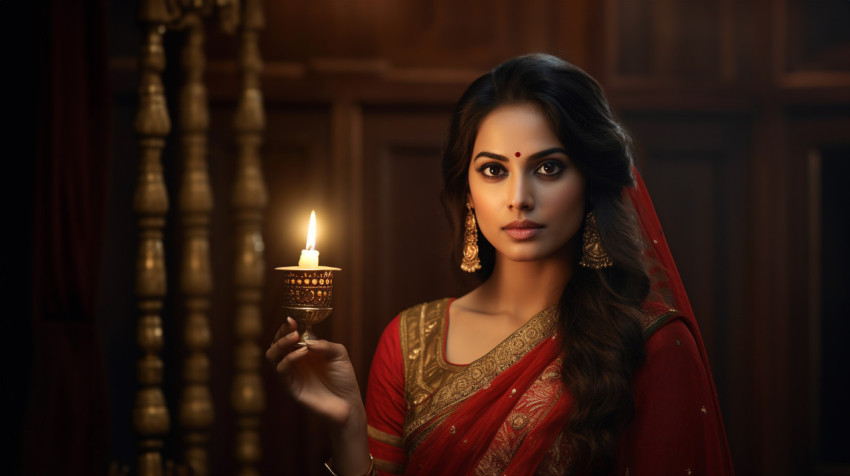 a lady dressed up in a red sari holding a lit lamp