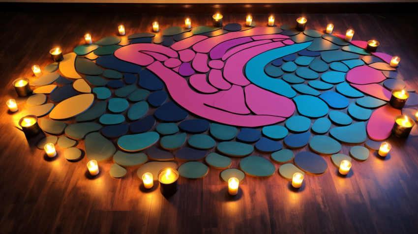 a rangoli with candles on top of them