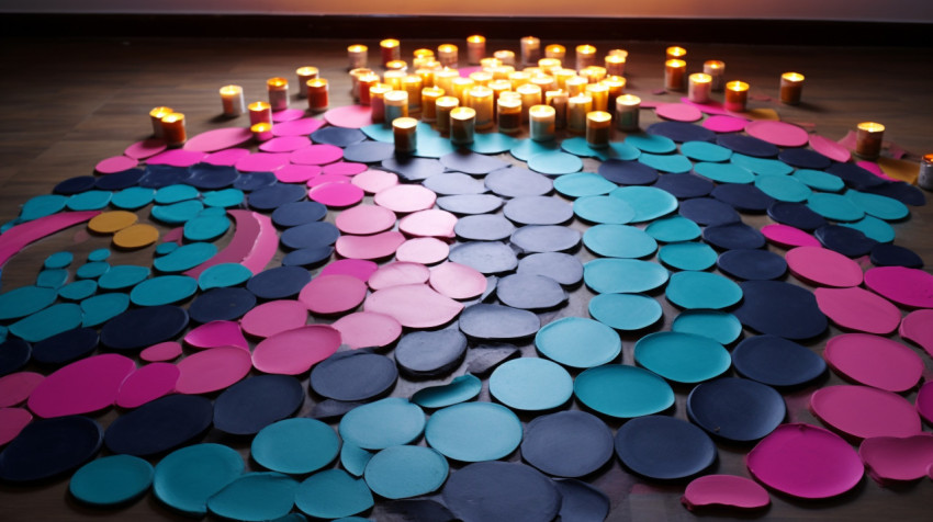 Brightly colored rangoli with candles