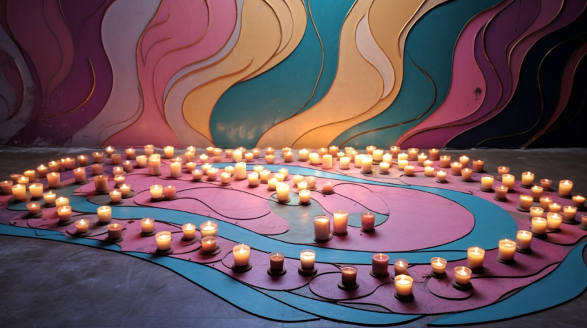 Colorful rangoli with candles on a table