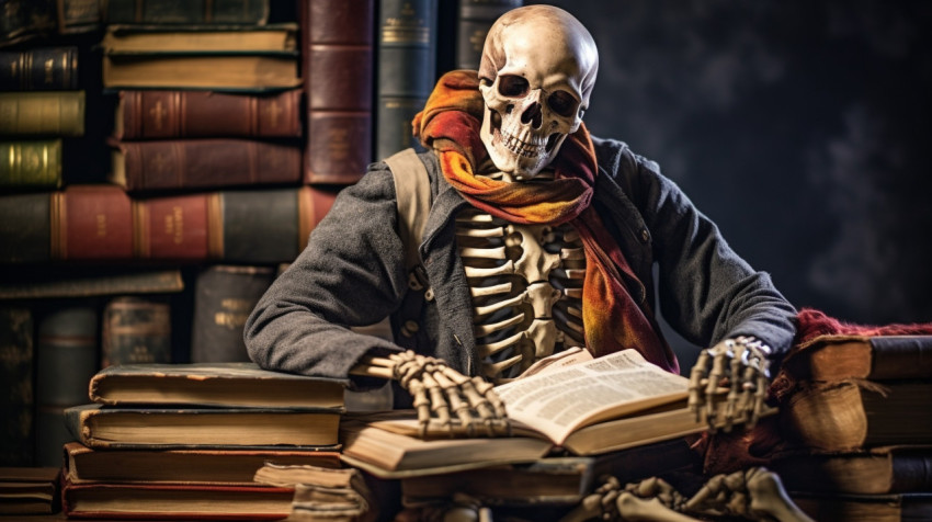skeleton sitting on top of some books