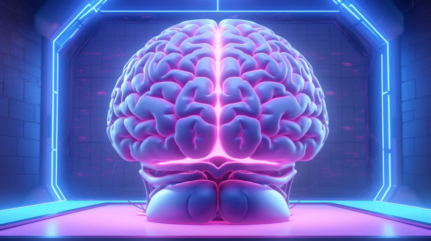 a diagram of the brain with neon lights in the background