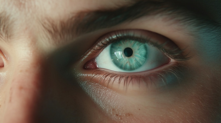 a close up of a man with blue eyes