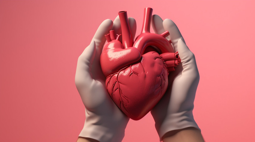 human model of heart being held by medical student in pink glove