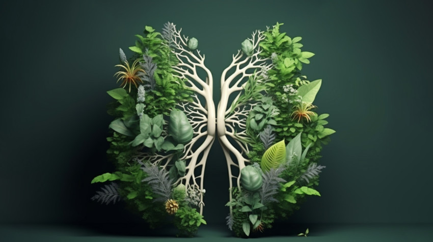 3D Illustration of Living Lungs with Leaves