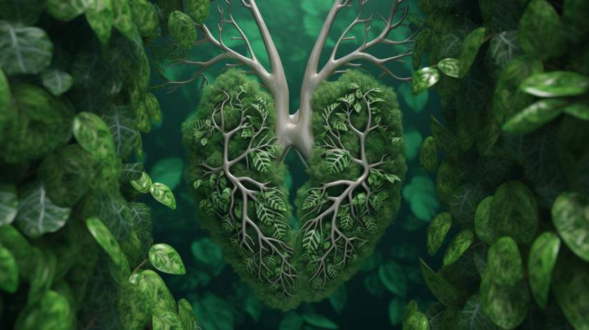 3d green lungs on a green background with leaves