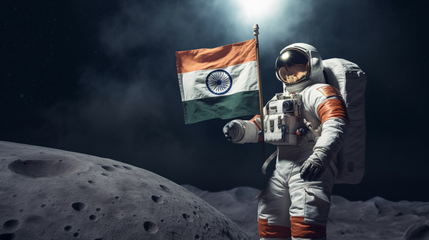 an astronaut holding an indian flag on the moon