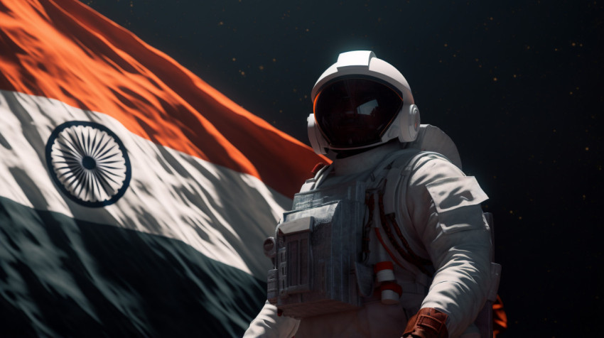 an astronaut holding a indian flag on the moon