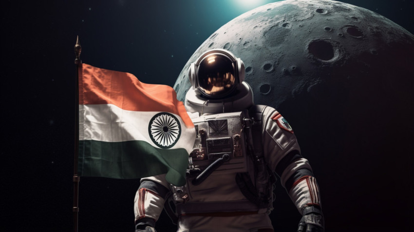 astronaut holds the indian flag on the moon