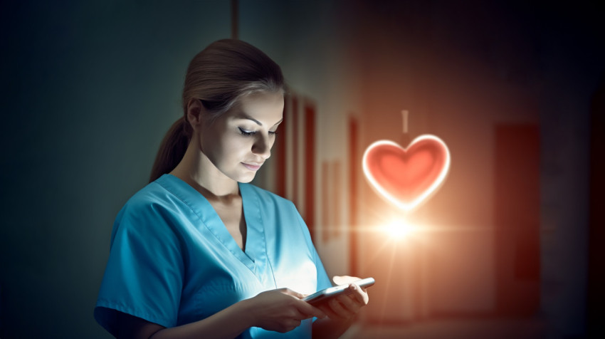 Nurse in scrubs using tablet to track patient's vitals