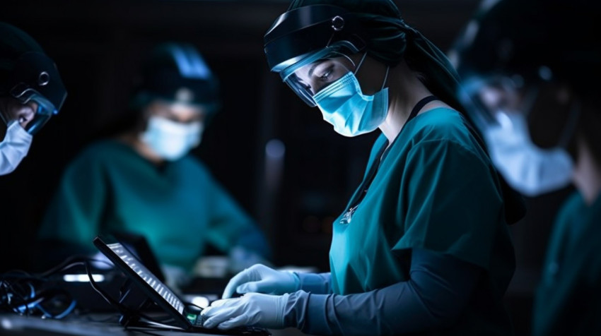 Female surgeon working on laptop