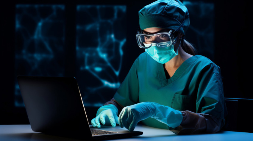 Surgeon in mask and gloves using laptop