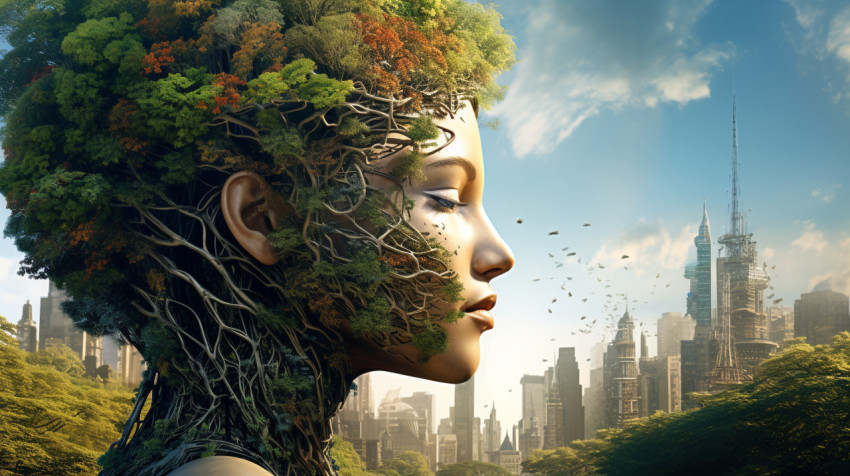 city and ecology with the human head and trees