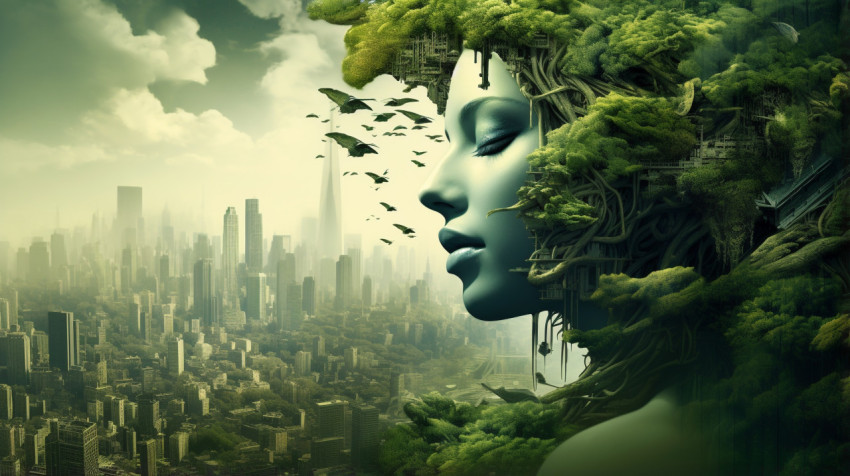 the modern city with forest forming its head over a man with a g
