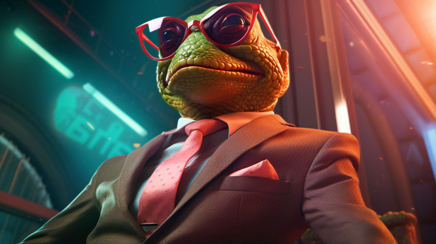 a fake frog wearing sunglasses and a suit