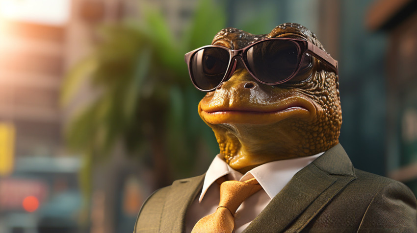 corporate frog dressed up in a suit with sunglasses