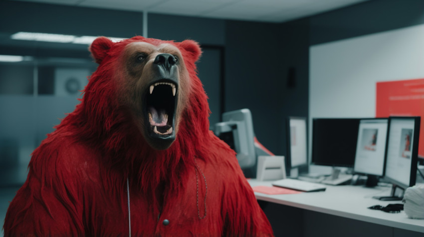 a bear in a red suit with open mouth
