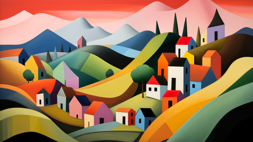 Colorful Village in Abstract Painting