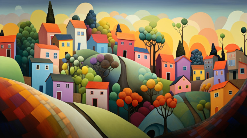 a painting of colorful houses on a hilly landscape
