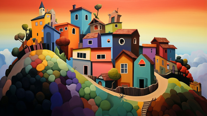 Colorful Houses on Hilly Landscape Painting