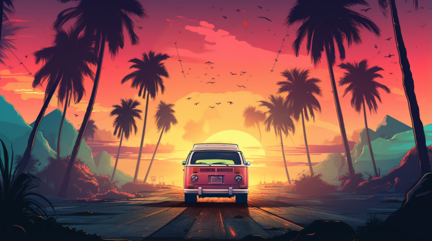 a bus is parked in front of palm trees at sunset
