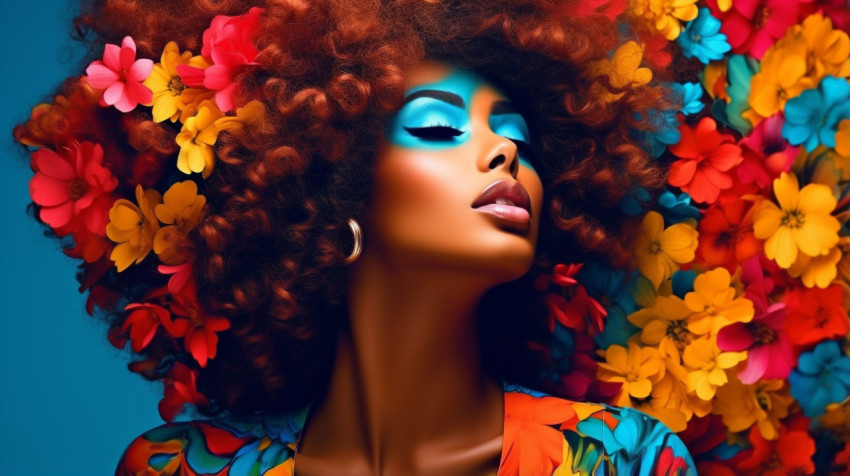 a black woman with afro styles in a colorful background