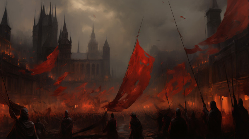 a painting with red flags flying over the city