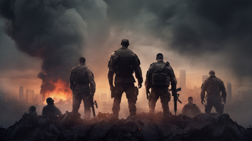 a group of soldiers standing on the ground on an angry sky