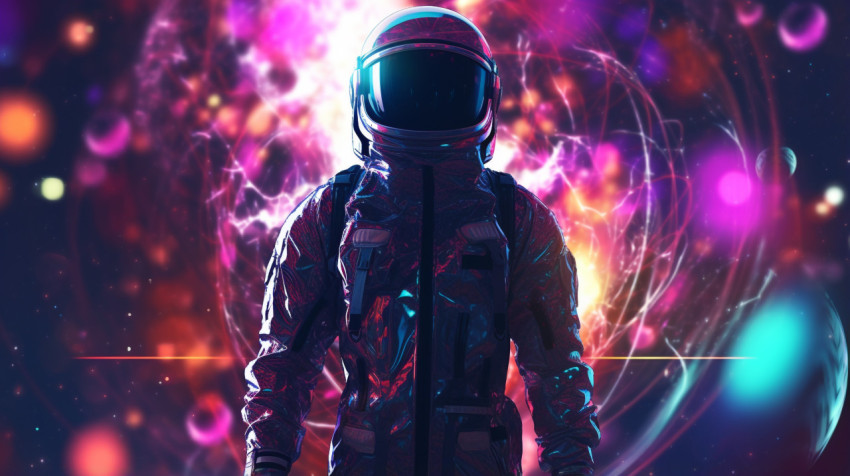space man standing in an abstract galaxy background